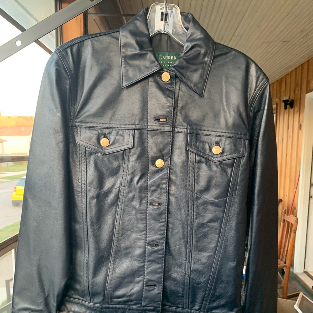 Lauren Ralph Lauren navy leather jacket . Petite .